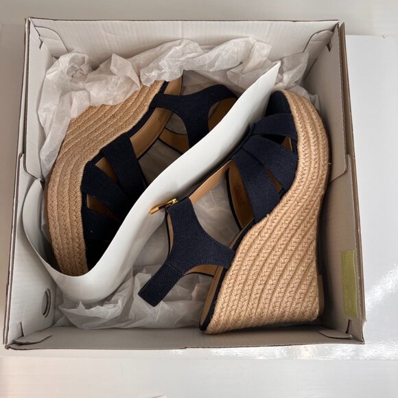 Michael Kors Sandal Women 7 Berkely Wedge Heel Zip Up Canvas Work Party Core Ne - Picture 12 of 14